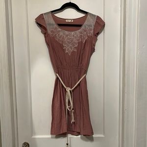 Boho pink Minidress/babydoll dress with natural fabric belt